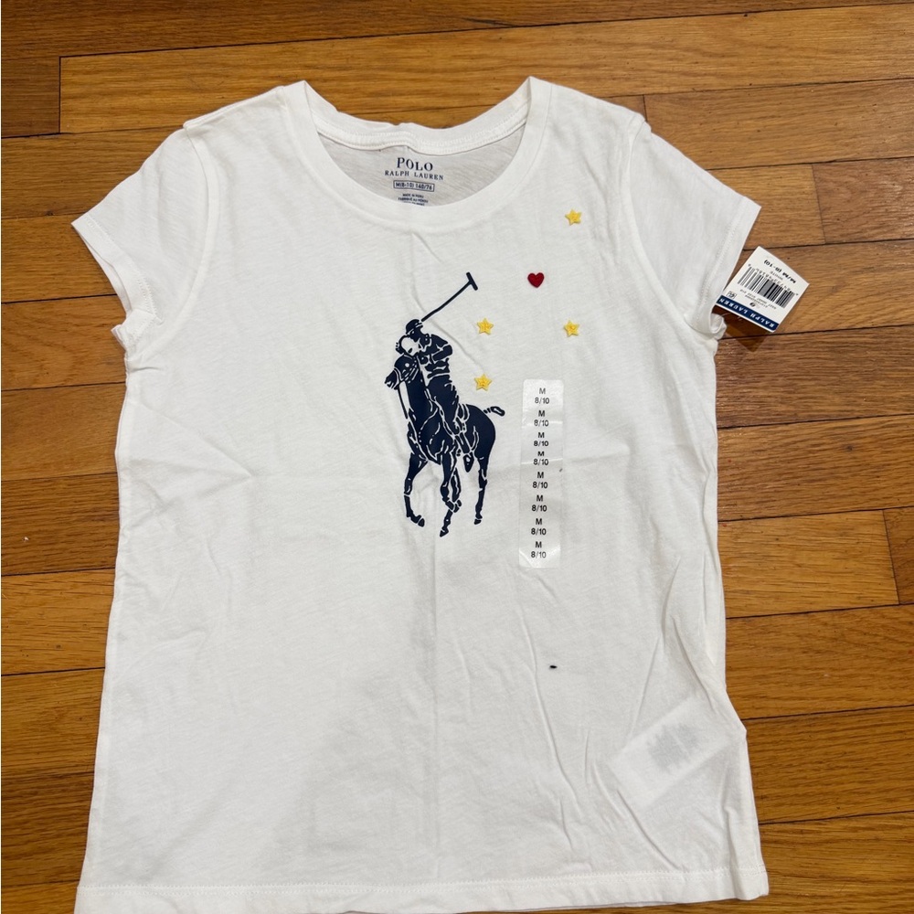 Ralph Lauren White Girls Polo Pony Graphic Tee with Navy Logo